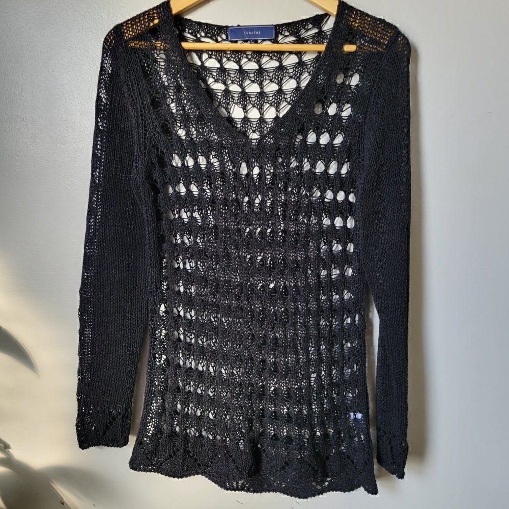 EUC LUMIERE BLACK BOHO CROCHET V NECK TOP SIZE L